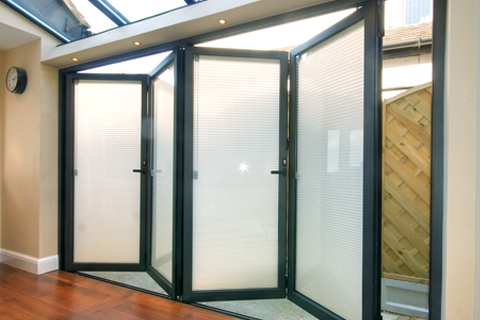 Cardiff aluminium doors with integral blinds in glass 
